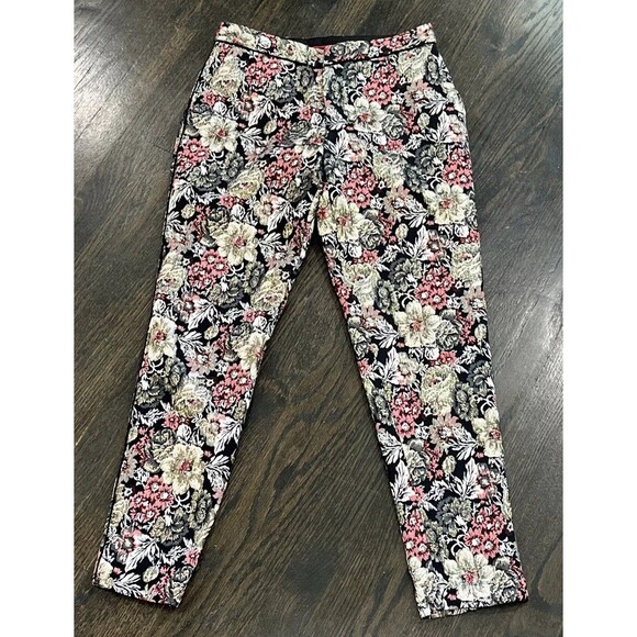 Anthropologie Maeve Trousers Size 2 Jacquard Metallic Slim Floral Ankle Pants - Picture 1 of 10